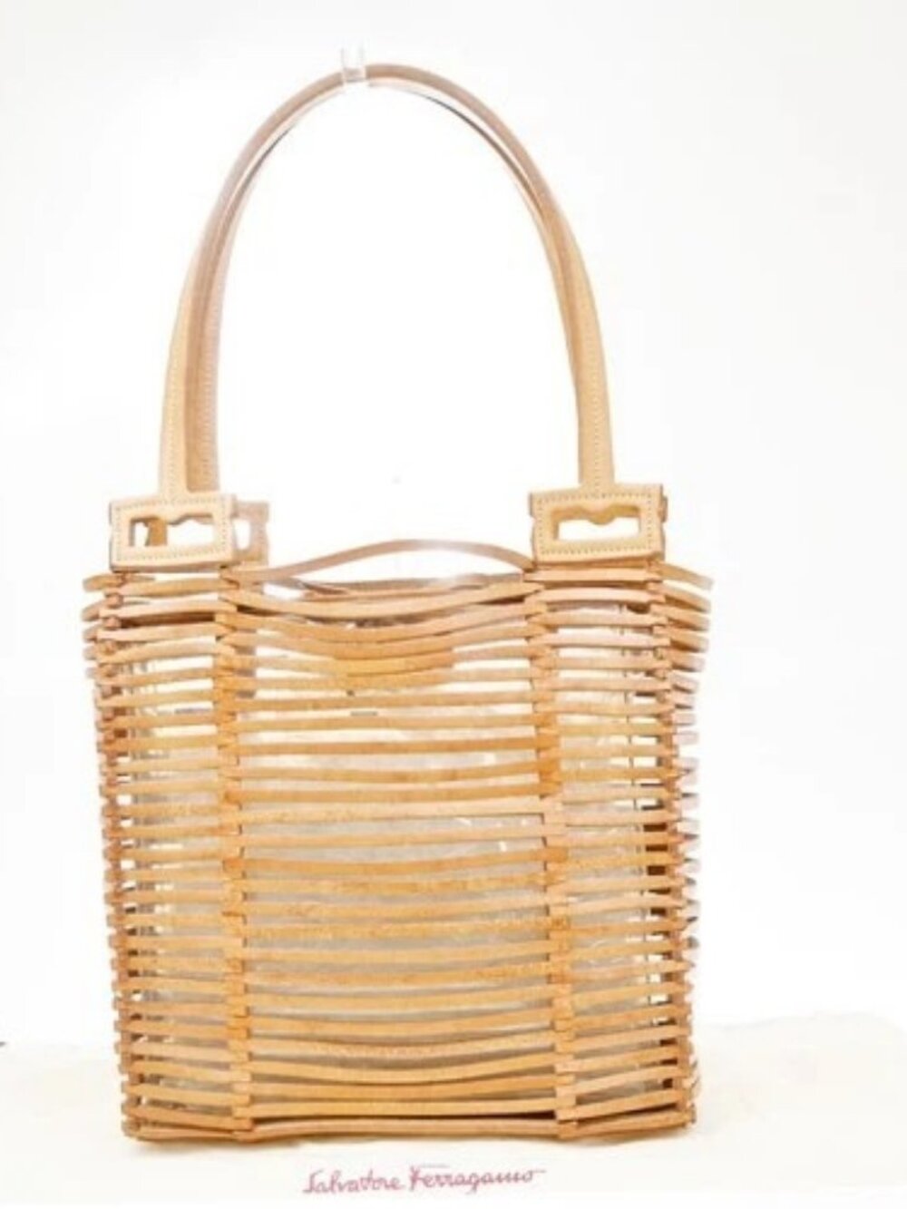 SALVATORE FERRAGAMO Cage Basket Shoulder Tote Bag Leather Brown Italy 04MA759